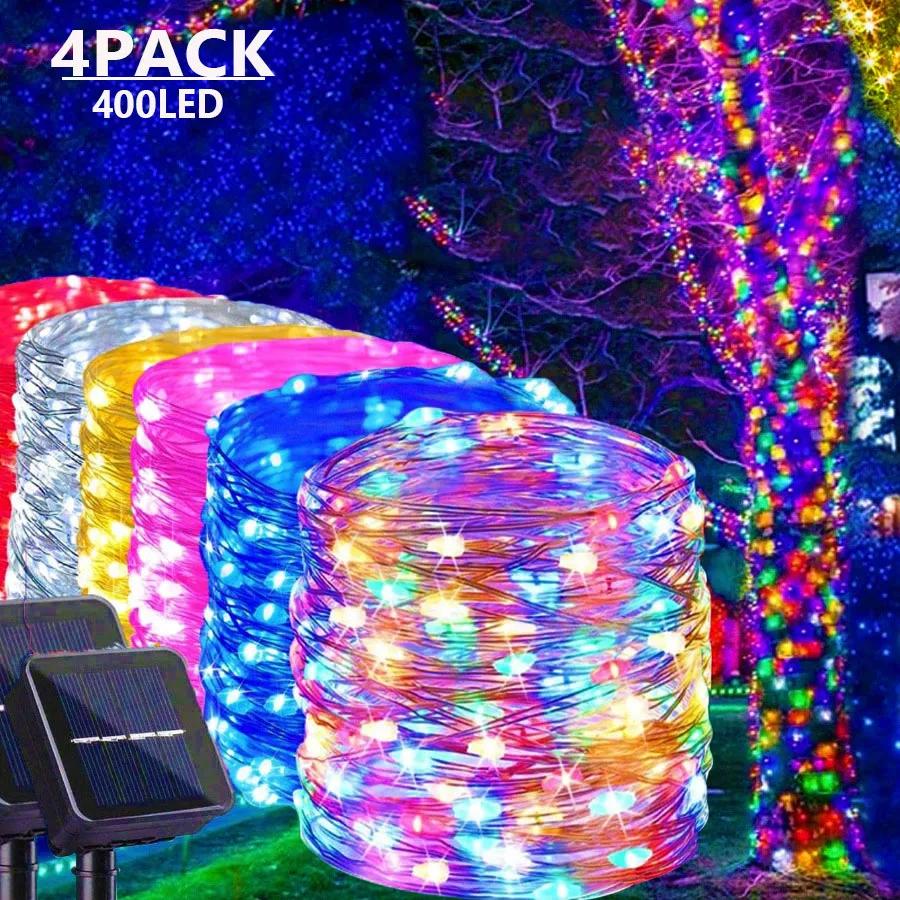 4 パック 400 LED ソーラーライト屋外ランプストリングライトホリデークリスマスパーティー用防水フェアリーライトガーデンガーランド銅
