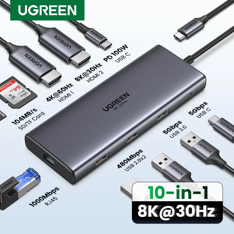 Ugreen-デュアルhdmi USBハブ,アダプター8k,10 in 1スプリッター,rj45,usb 3.0,pd,100w,macbook pro air mm2 1,usb cハブ用