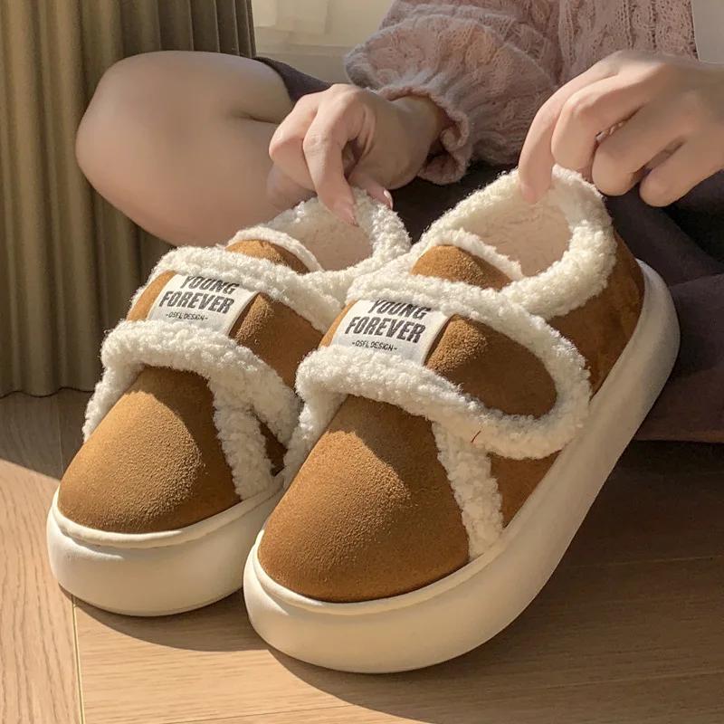 暖かい綿のスリッパ女性の冬のプラットフォームシューズソフトぬいぐるみ厚い底女の子屋内ホーム床靴かかとふわふわフラット