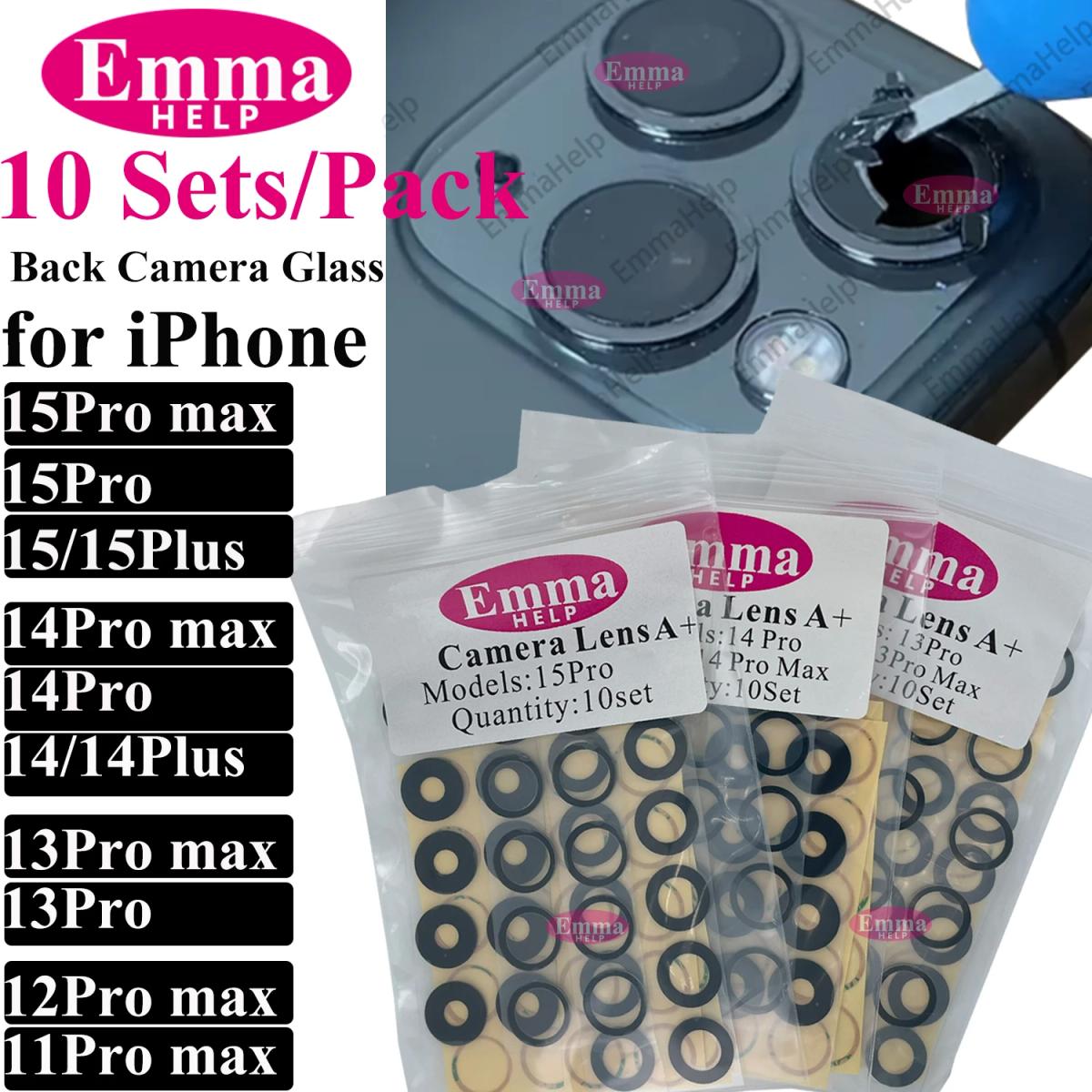 Emmahelp-iPhone用リアカメラガラス、リアカメラレンズカバー、交換用ステッカー、10セット、15、14、13、xr、x、xs、se、7、8、11 12 pro max、a +